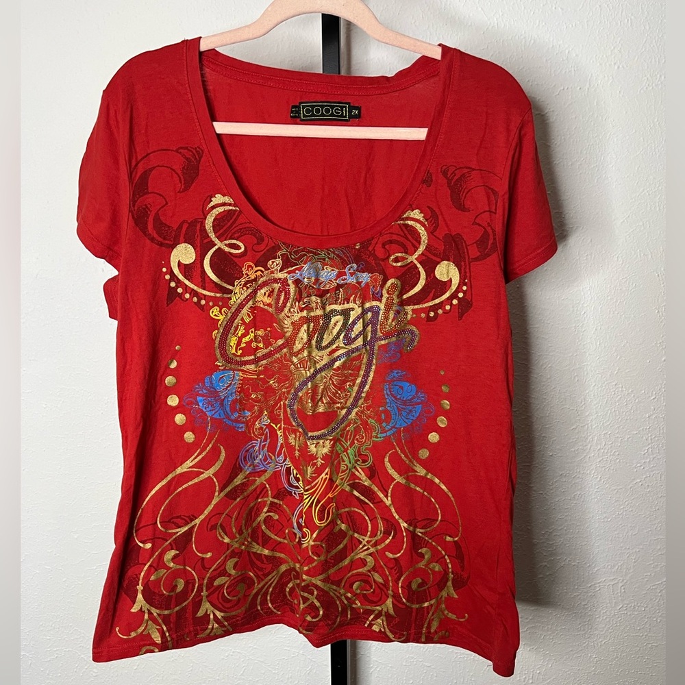 Coogi Red Bedazzled Plus Size Scoop Neck T-Shirt 2xl